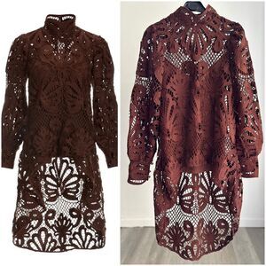 NWOT Boston Proper Mock Neck Lace High Low Blouse With Cami Cappuccino Medium